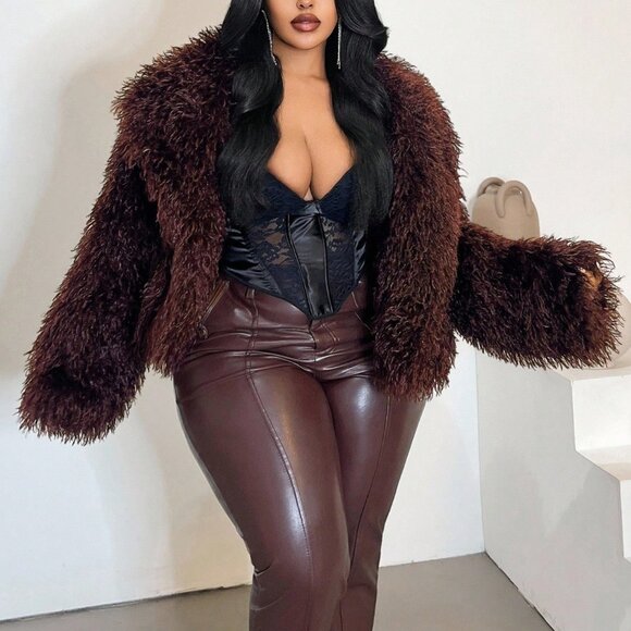 Burgundy Elegant Women's Plus Size Fluffy Faux Fur V-Neck Jacket - Picture 1 of 7